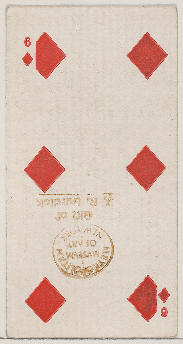 Six Diamonds (red), from the Playing Cards series (N84) for Duke brand cigarettes, Issued by W. Duke, Sons &amp; Co. (New York and Durham, N.C.), Commercial color lithograph 