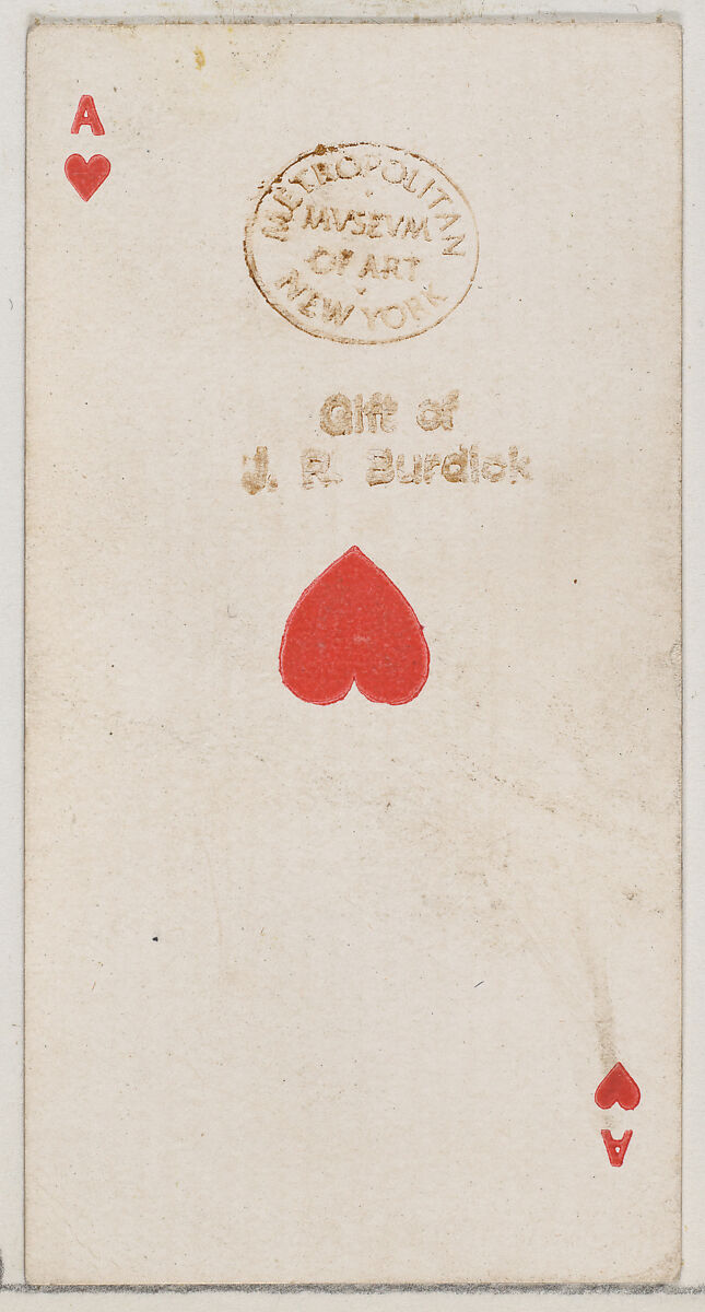 Ace of Hearts (red), from the Playing Cards series (N84) for Duke brand cigarettes, Issued by W. Duke, Sons &amp; Co. (New York and Durham, N.C.), Commercial color lithograph 