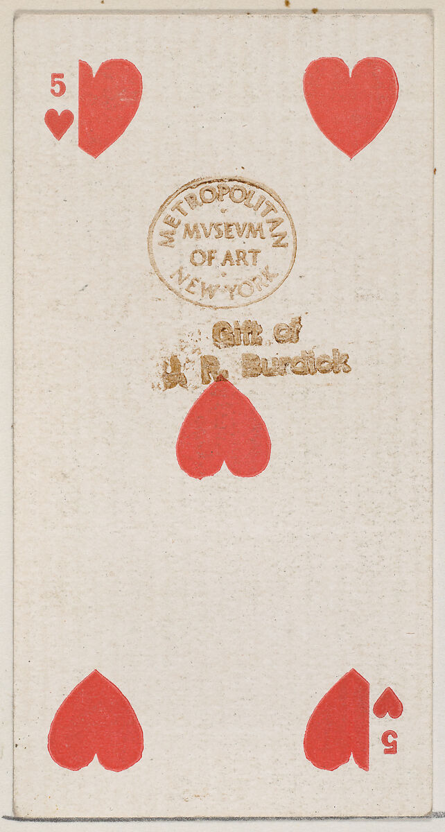 Five Hearts (red), from the Playing Cards series (N84) for Duke brand cigarettes, Issued by W. Duke, Sons &amp; Co. (New York and Durham, N.C.), Commercial color lithograph 