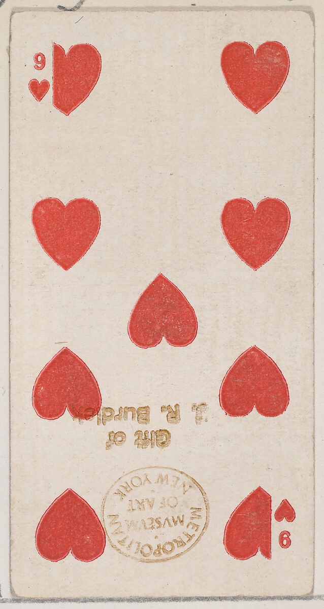 Nine Hearts (red), from the Playing Cards series (N84) for Duke brand cigarettes, Issued by W. Duke, Sons &amp; Co. (New York and Durham, N.C.), Commercial color lithograph 