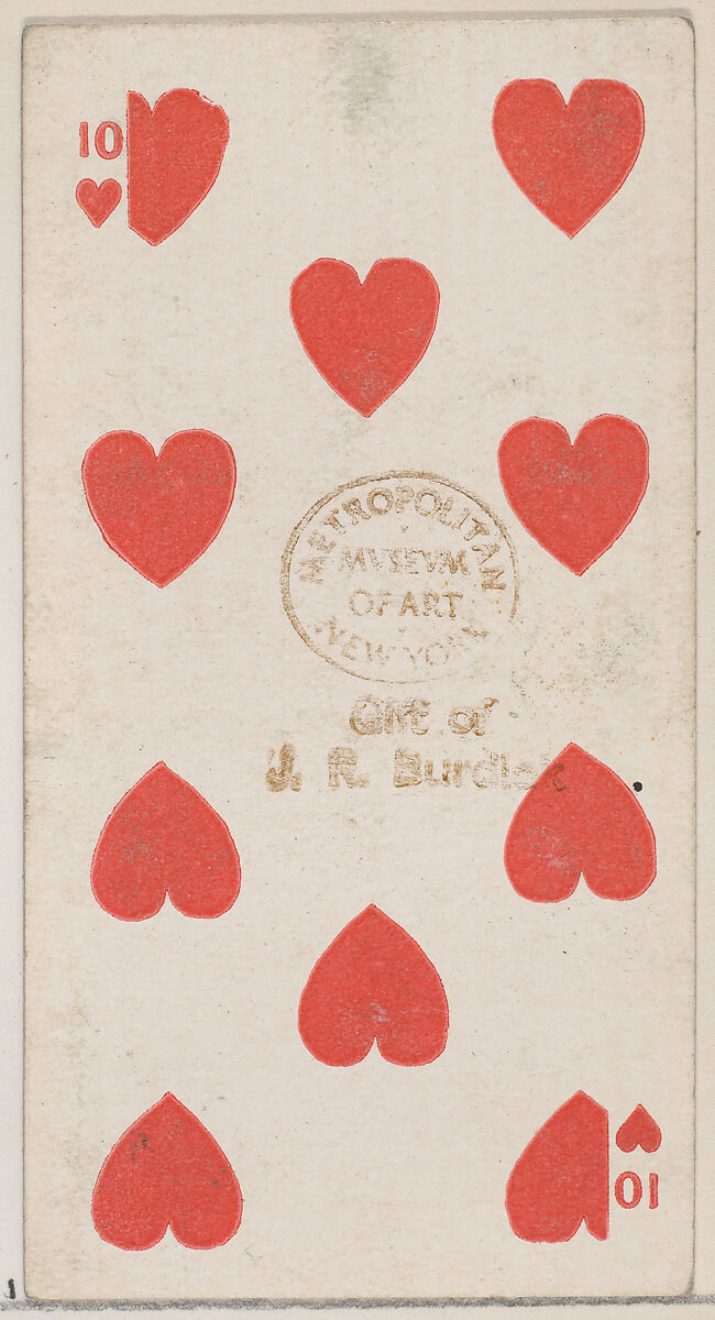 Ten Hearts (red), from the Playing Cards series (N84) for Duke brand cigarettes, Issued by W. Duke, Sons &amp; Co. (New York and Durham, N.C.), Commercial color lithograph 