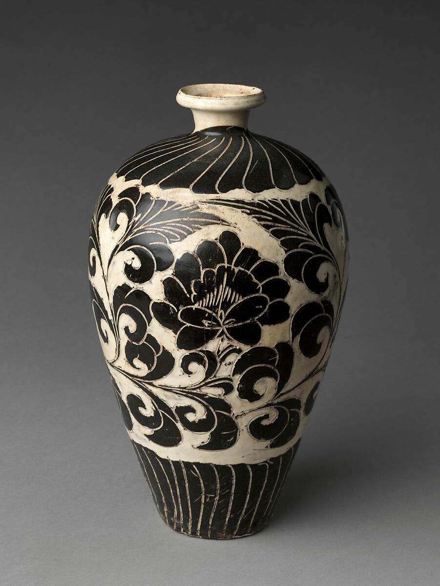 Vase with Peony Scroll, Stoneware with white and black slip and cut decoration under transparent glaze (Cizhou ware), China 