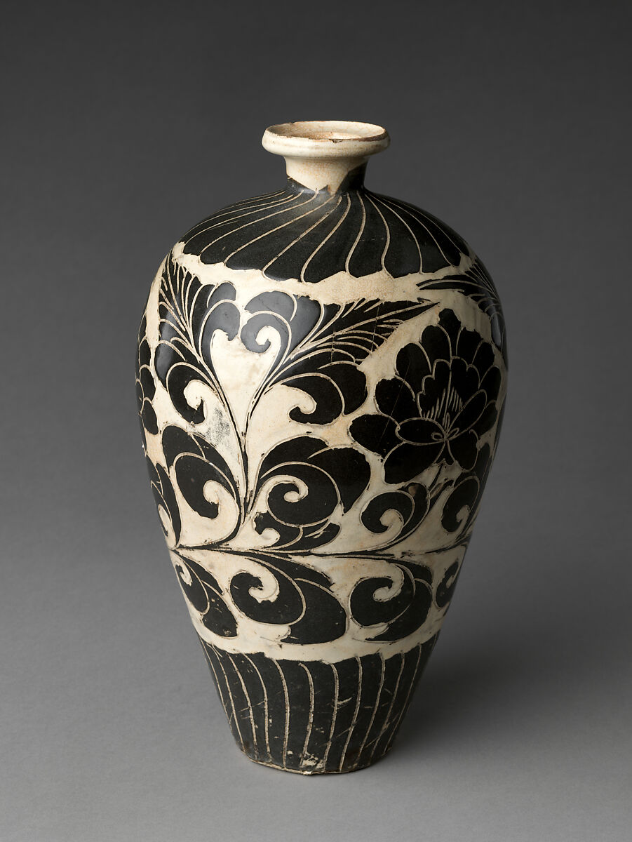 Vase with Peony Scroll, Stoneware with white and black slip and cut decoration under transparent glaze (Cizhou ware), China