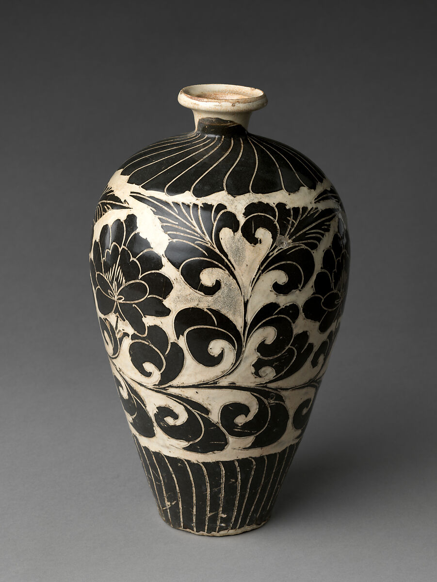 Vase with Peony Scroll, Stoneware with white and black slip and cut decoration under transparent glaze (Cizhou ware), China