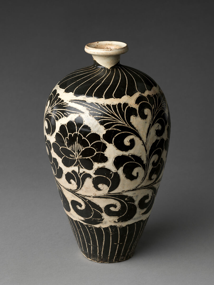 Vase with Peony Scroll, Stoneware with white and black slip and cut decoration under transparent glaze (Cizhou ware), China
