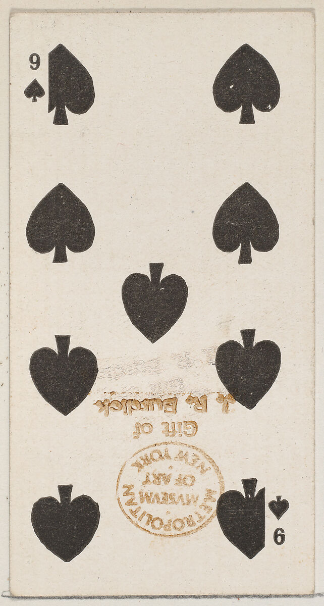 Nine Spades (black), from the Playing Cards series (N84) for Duke brand cigarettes, Issued by W. Duke, Sons &amp; Co. (New York and Durham, N.C.), Commercial color lithograph 