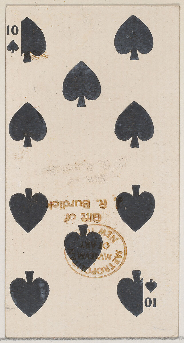 Ten Spades (black), from the Playing Cards series (N84) for Duke brand cigarettes, Issued by W. Duke, Sons &amp; Co. (New York and Durham, N.C.), Commercial color lithograph 