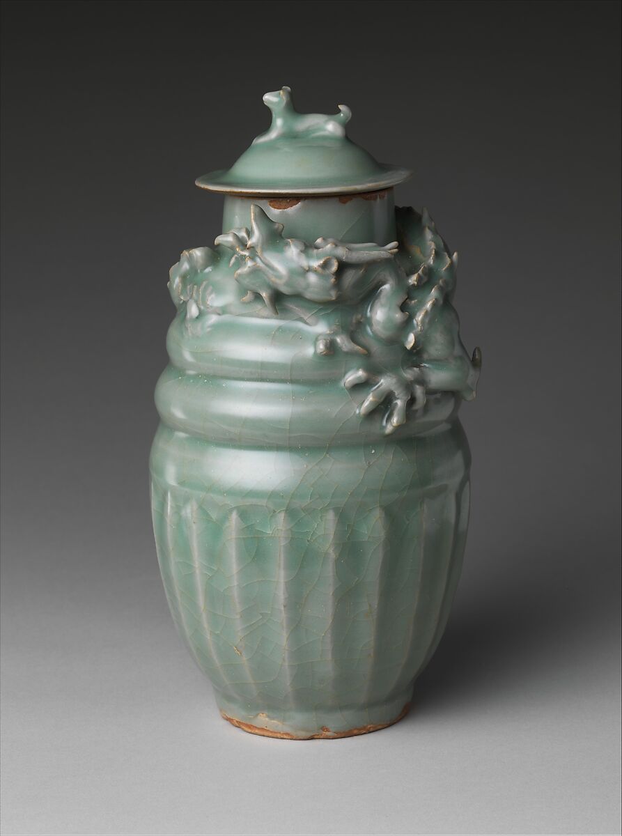 Funerary jar with dragon, Porcelain with carved and appliquéd decoration under celadon glaze, China 