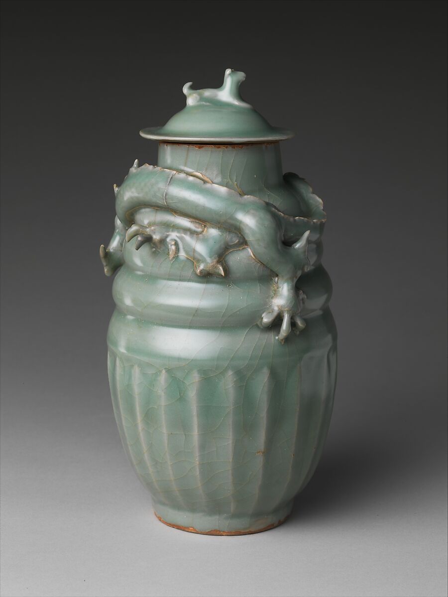 Funerary jar with dragon, Porcelain with carved and appliquéd decoration under celadon glaze, China