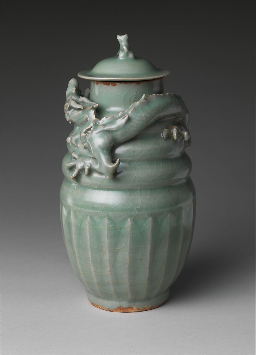 Funerary jar with dragon, Porcelain with carved and appliquéd decoration under celadon glaze, China