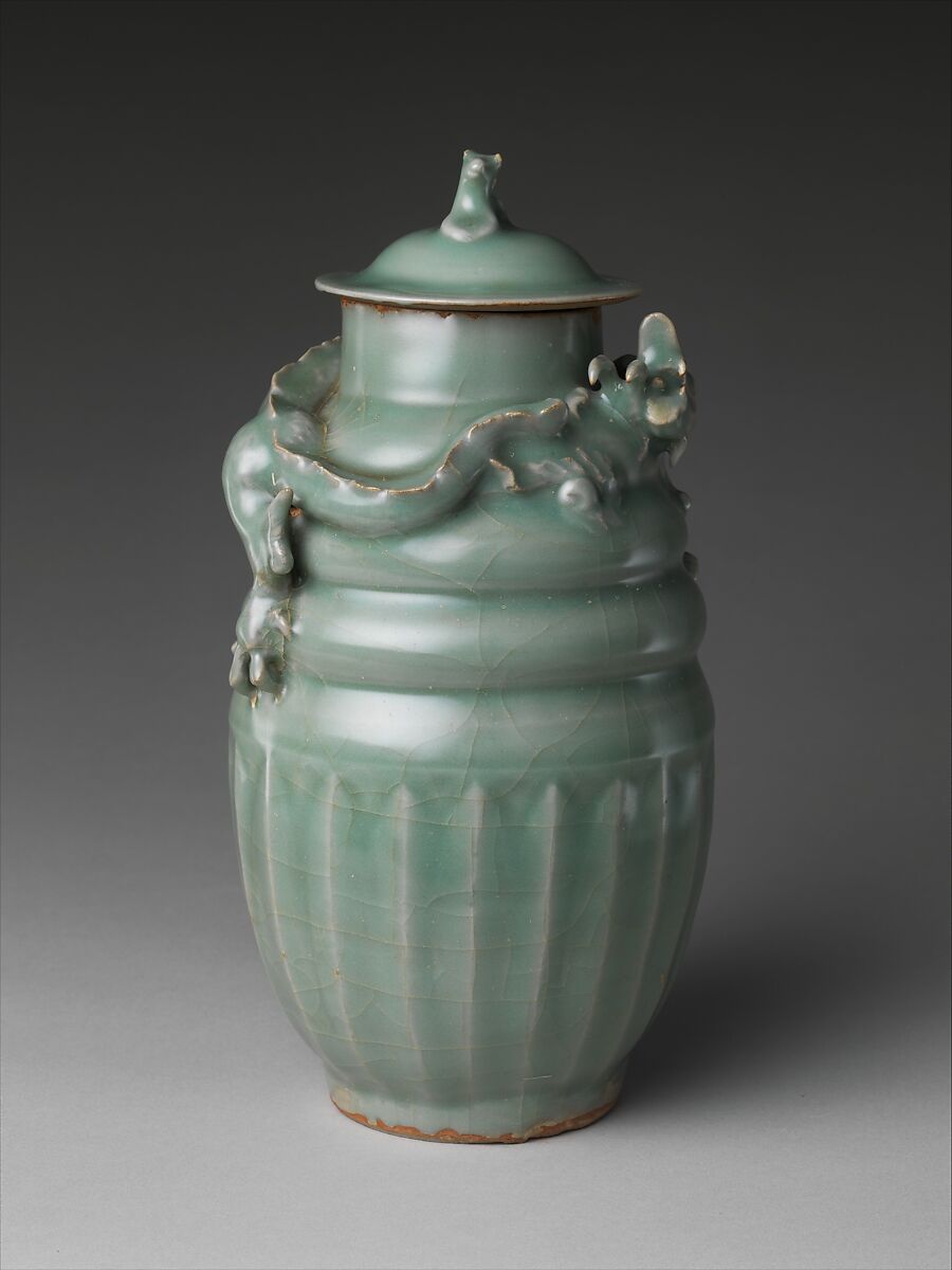 Funerary jar with dragon, Porcelain with carved and appliquéd decoration under celadon glaze, China