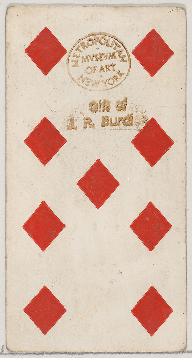 Nine Diamonds, from the Playing Cards series (N84) to promote Turkish Cross-Cut Cigarettes for W. Duke, Sons and Co., Issued by W. Duke, Sons &amp; Co. (New York and Durham, N.C.), Commercial color lithograph 