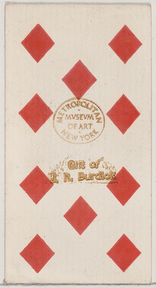 Ten Diamonds, from the Playing Cards series (N84) to promote Turkish Cross-Cut Cigarettes for W. Duke, Sons and Co., Issued by W. Duke, Sons &amp; Co. (New York and Durham, N.C.), Commercial color lithograph 