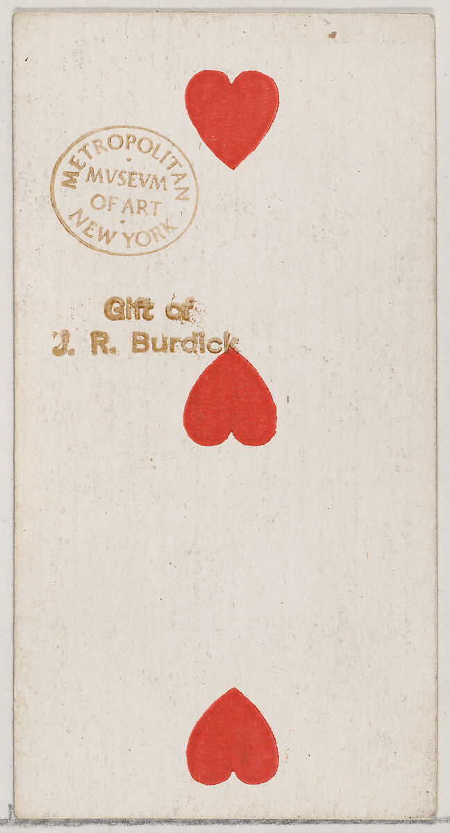 Three Hearts, from the Playing Cards series (N84) to promote Turkish Cross-Cut Cigarettes for W. Duke, Sons and Co., Issued by W. Duke, Sons &amp; Co. (New York and Durham, N.C.), Commercial color lithograph 