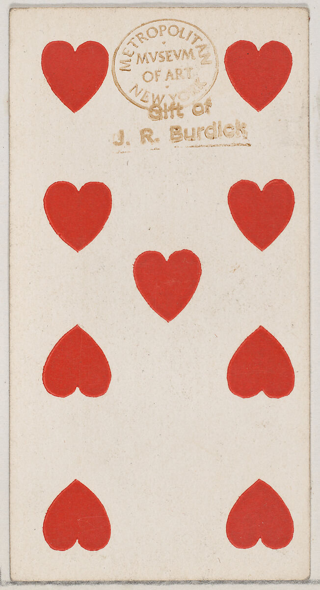 Nine Hearts, from the Playing Cards series (N84) to promote Turkish Cross-Cut Cigarettes for W. Duke, Sons and Co., Issued by W. Duke, Sons &amp; Co. (New York and Durham, N.C.), Commercial color lithograph 