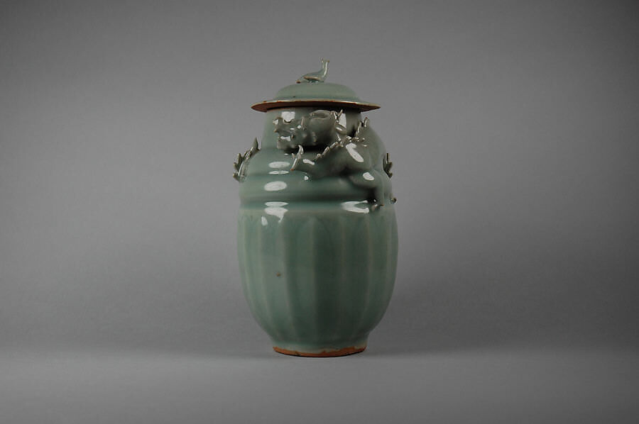Covered jar, Porcelaneous ware with carved and full-relief decoration under celadon glaze (Longquan ware), China