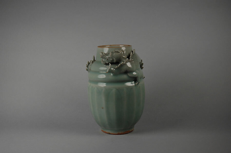 Covered jar, Porcelaneous ware with carved and full-relief decoration under celadon glaze (Longquan ware), China