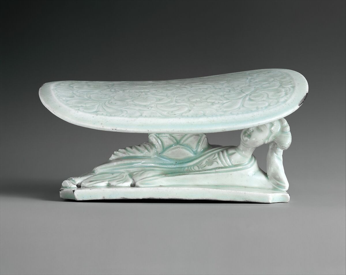 Pillow in Shape of Reclining Woman, Porcelain with incised and carved decoration under celadon glaze (Jingdezhen Qingbai ware), China 