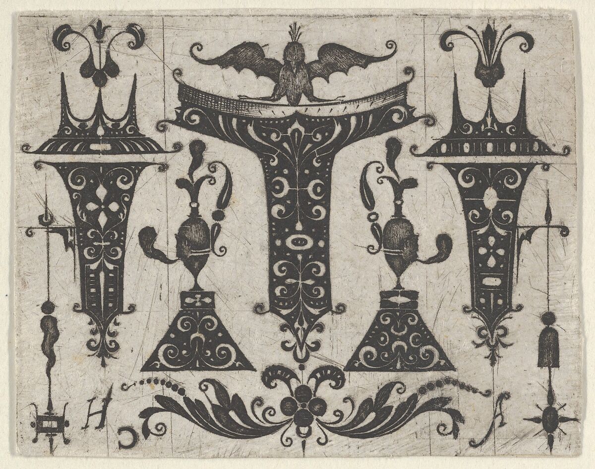 Blackwork Design with Five Motifs, attributed to Georg Arnoldt (German, 1563–1636), Engraving and blackwork 