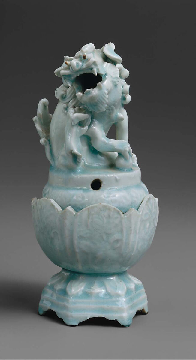 Incense Burner in Shape of Lion (one of a pair), Porcelain with brown and raised decoration under celadon glaze (Jingdezhen Qingbai ware), China 