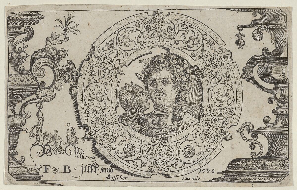Horizontal Panel with Bacchus in a Medallion, Claes Jansz. Visscher (Dutch, Amsterdam 1586–1652 Amsterdam), Engraving 