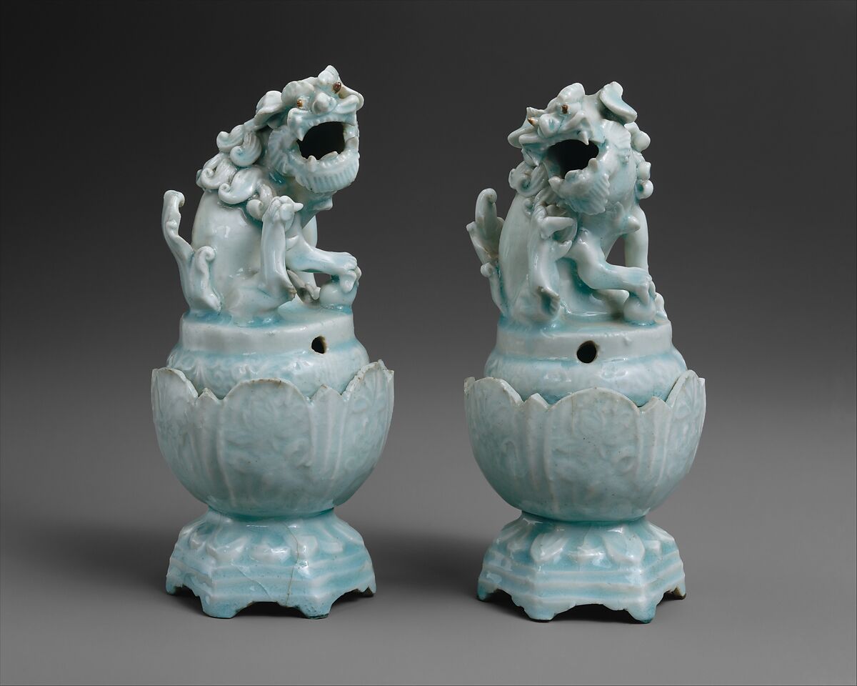 Incense Burner in Shape of Lion (one of a pair), Porcelain with brown and raised decoration under celadon glaze (Jingdezhen Qingbai ware), China