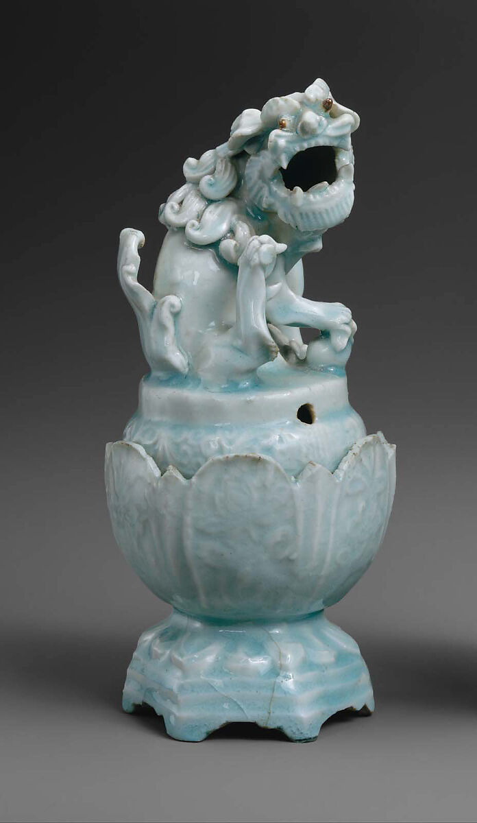 Incense Burner in Shape of Lion (one of a pair), Porcelain with brown and raised decoration under celadon glaze (Jingdezhen Qingbai ware), China 