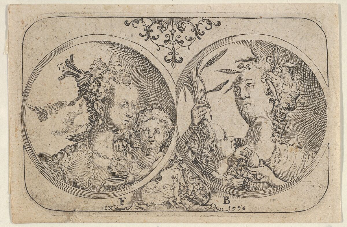 Horizontal Panel with Two Medallions Containing Cupid, Floris Balthasarsz van Berckenrode (Delft ca. 1562–1616 Delft), Engraving 