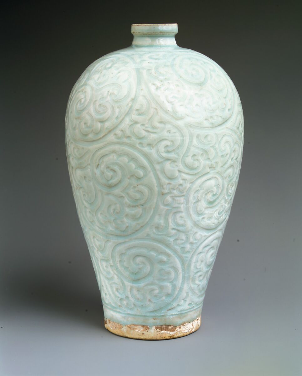 Bottle with vegetal scrolls, Porcelain with incised and carved design under bluish glaze (Jingdezhen Qingbai ware), China