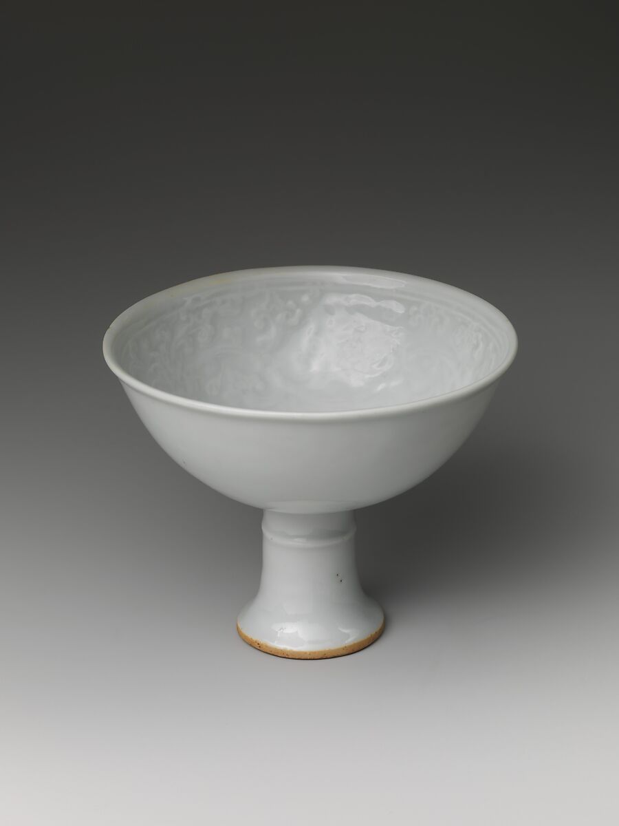 Stem Cup with Chrysanthemum Scroll, Porcelain with molded decoration under transparent glaze (Jingdezhen Shufu ware), China