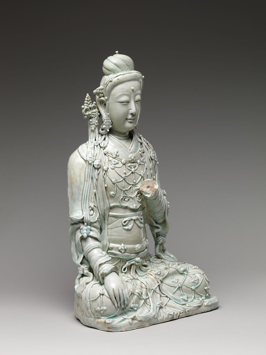 Seated bodhisattva, Porcelain with relief decoration under bluish white glaze (Jingdezhen Qingbai ware), China
