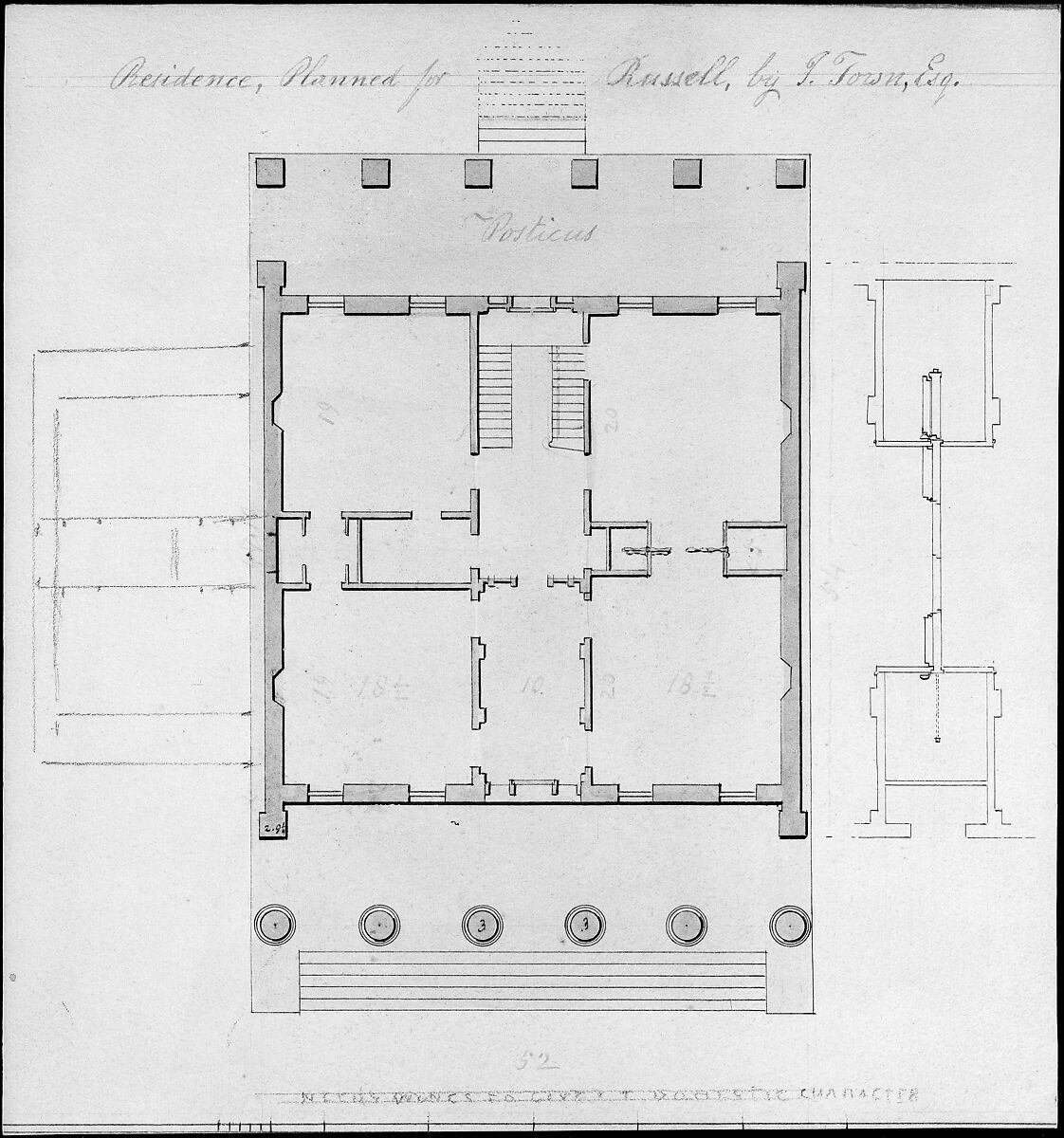 Residence, Planned for Russell, by I. Town, Esq., Alexander Jackson Davis (American, New York 1803–1892 West Orange, New Jersey), Watercolor, ink and graphite 