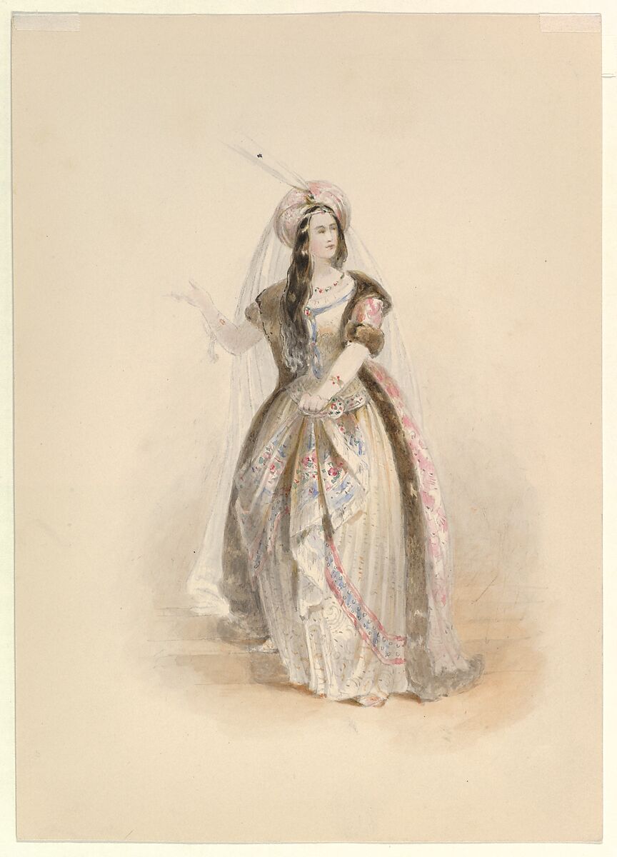 Costume Study for Konstanze in the "Abduction from the Seraglio" by W.A. Mozart, Johann Georg Christoph Fries (German, Nuremberg 1788–1857 Regensburg), Watercolor, over graphite, gum arabic 