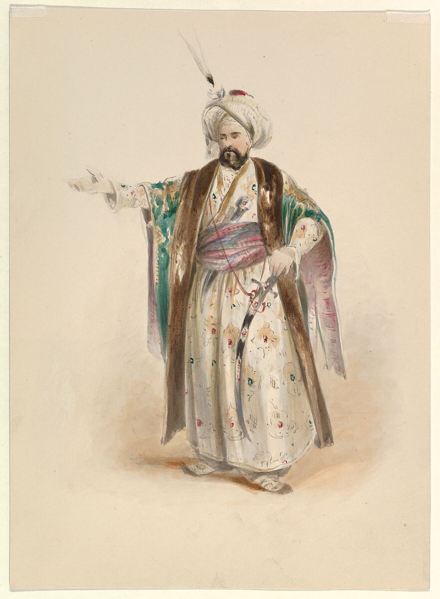 Costume Study for Bassa Selim in the "Abduction from the Seraglio" by W.A. Mozart, Johann Georg Christoph Fries (German, Nuremberg 1788–1857 Regensburg), Watercolor, over graphite, gum arabic 