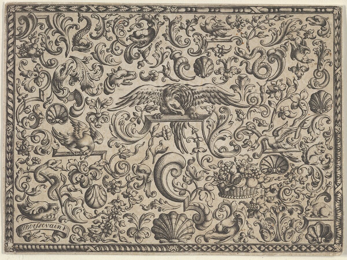 Horizontal Panel with a Bird Perched at Center, J. Boissevain, Engraving 