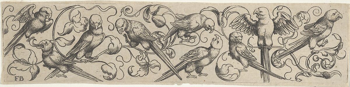 Frieze with Nine Birds Perched on a Vine, Franz Isaac Brun (German, ca. 1535–ca.1610/20 Strasbourg), Engraving 