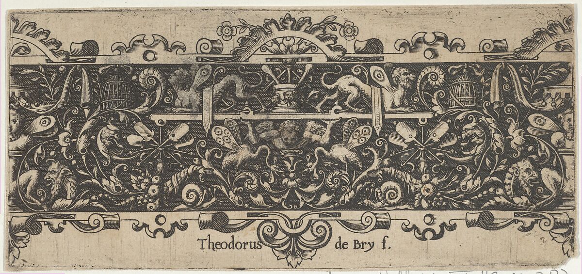 Frieze with a Putto Holding a Platform, Theodor de Bry (Netherlandish, Liège 1528–1598 Frankfurt), Engraving 