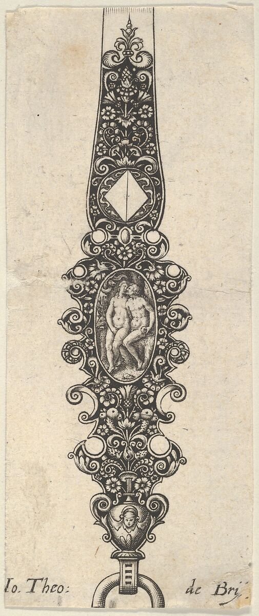 Pendant Design with Adam and Eve, from Des Pendants de Cleffs pour les Femmes, Johann Theodor de Bry (Netherlandish, Strasbourg 1561–1623 Bad Schwalbach), Engraving and blackwork 
