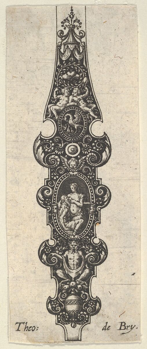 Pendant Design with Cimon and Pero, from Des Pendants de Cleffs pour les Femmes, Johann Theodor de Bry (Netherlandish, Strasbourg 1561–1623 Bad Schwalbach), Engraving and blackwork 