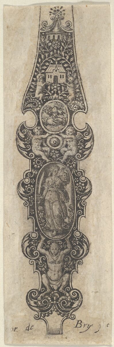Pendant Design with Judith Holding the Head of Holofernes, from Des Pendants de Cleffs pour les Femmes, Johann Theodor de Bry (Netherlandish, Strasbourg 1561–1623 Bad Schwalbach), Engraving and blackwork 