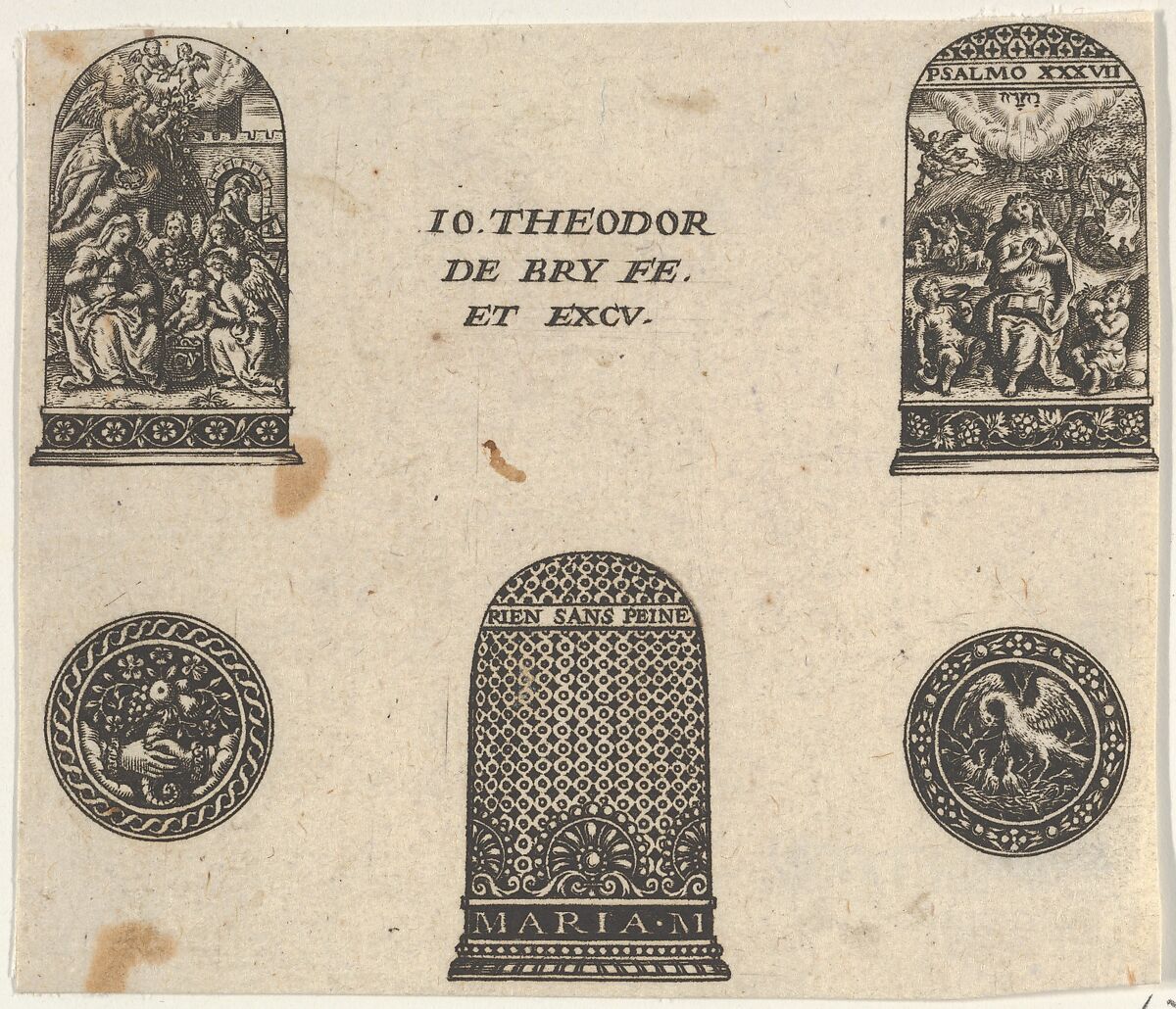 Horizontal Panel with Three Thimble Designs and Two Medallions, Johann Theodor de Bry (Netherlandish, Strasbourg 1561–1623 Bad Schwalbach), Engraving and blackwork 