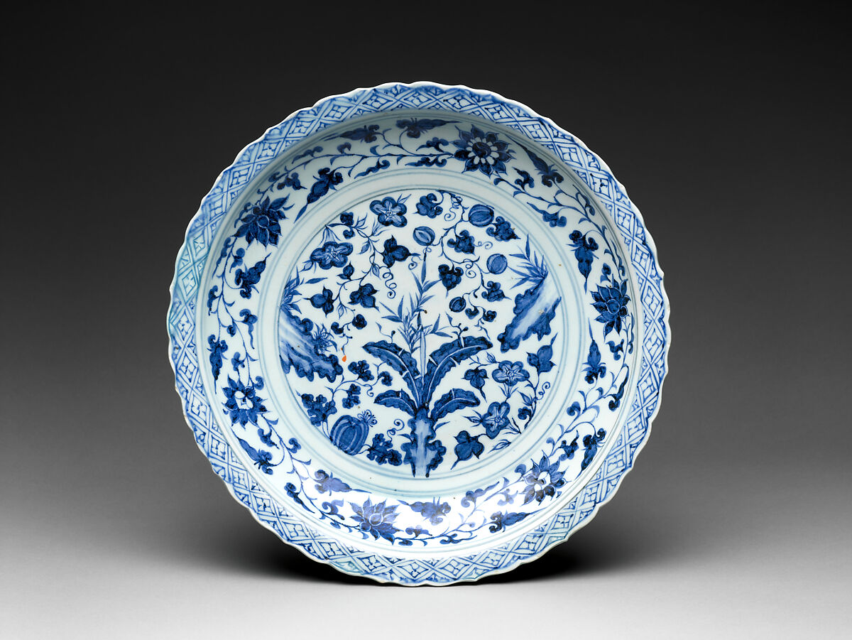 Foliated plate with rocks, plants, and melons, Porcelain painted with cobalt blue under transparent glaze (Jingdezhen ware), China 