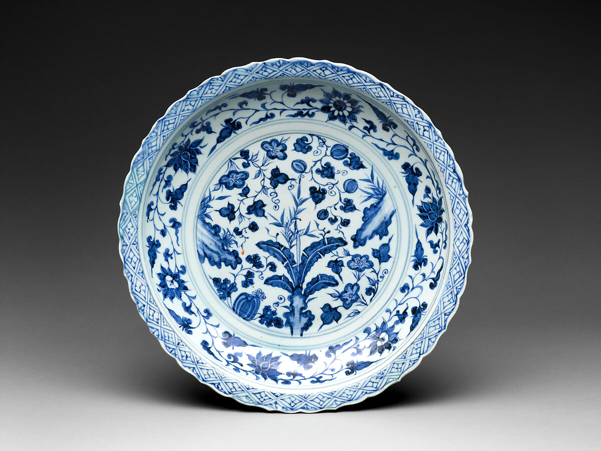 Foliated plate with rocks, plants, and melons

, Porcelain painted with cobalt blue under transparent glaze (Jingdezhen ware), China