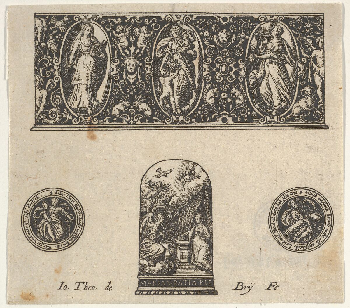 Horizontal Panel with Design for a Thimble with the Annuciation Below a Frieze with Three Figures in Ovals, Johann Theodor de Bry (Netherlandish, Strasbourg 1561–1623 Bad Schwalbach), Engraving and blackwork 