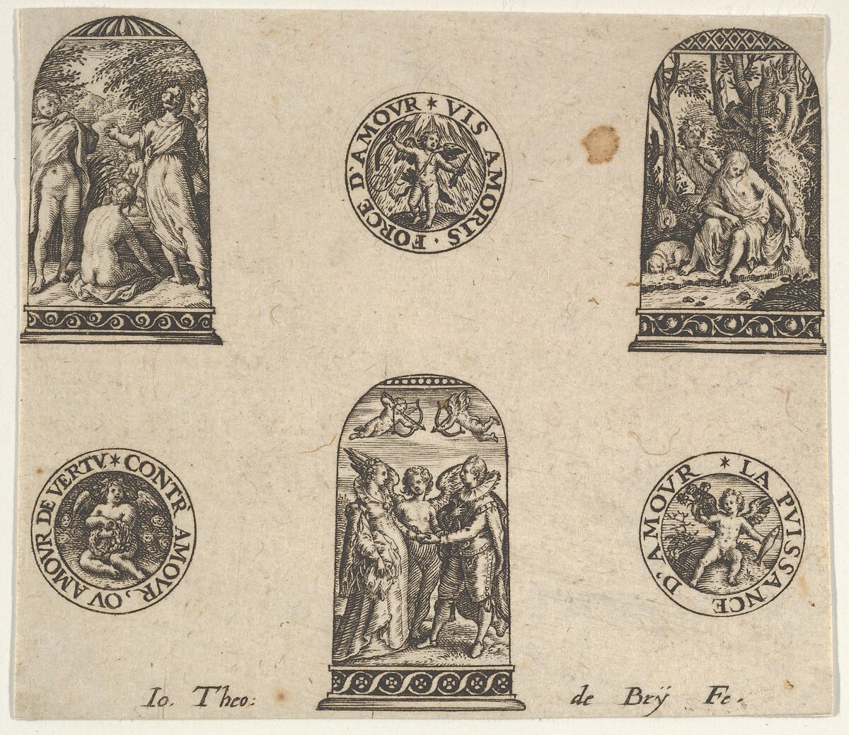 Horizontal Panel with Three Thimble Designs and Three Medallions, Johann Theodor de Bry (Netherlandish, Strasbourg 1561–1623 Bad Schwalbach), Engraving and blackwork 