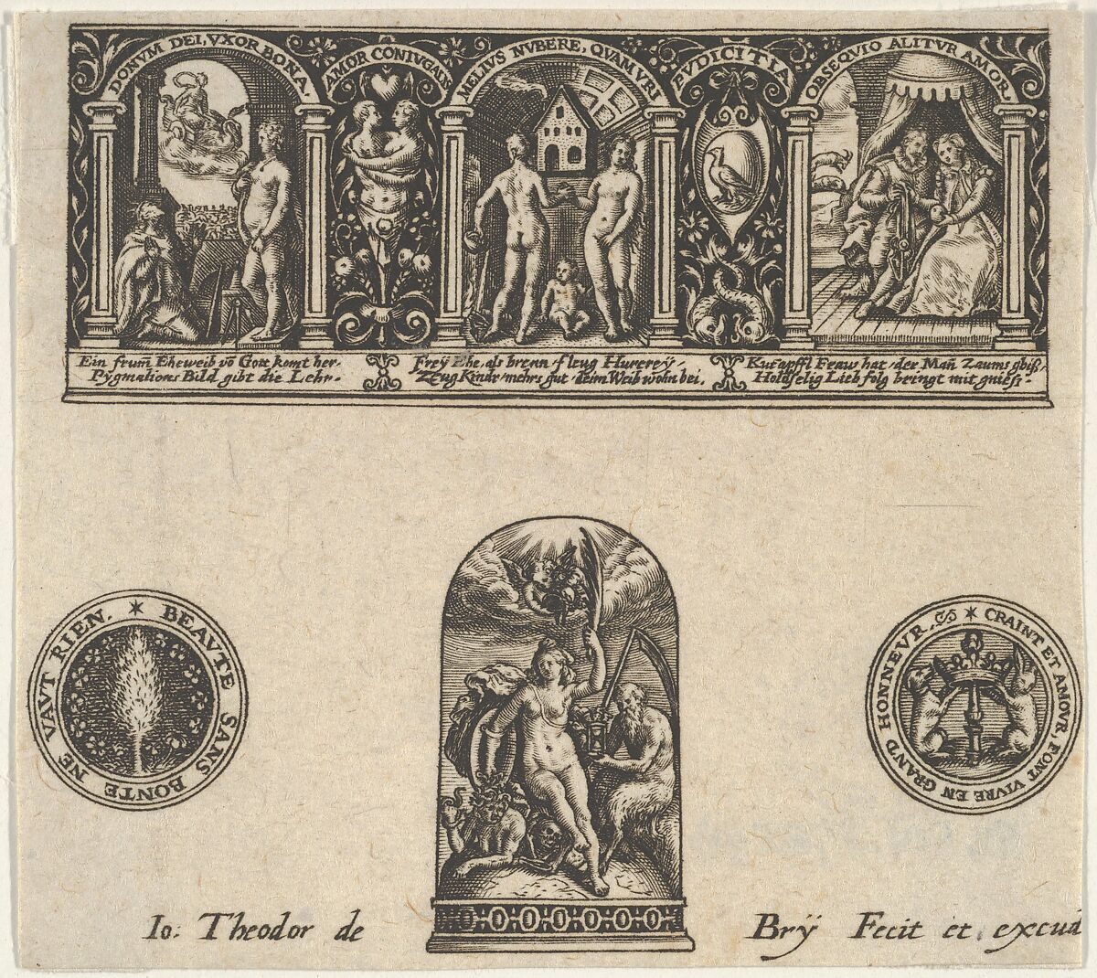 Horizontal Panel with a Thimble Design Below a Frieze with Three Scenes in Arches, Johann Theodor de Bry (Netherlandish, Strasbourg 1561–1623 Bad Schwalbach), Engraving and blackwork 