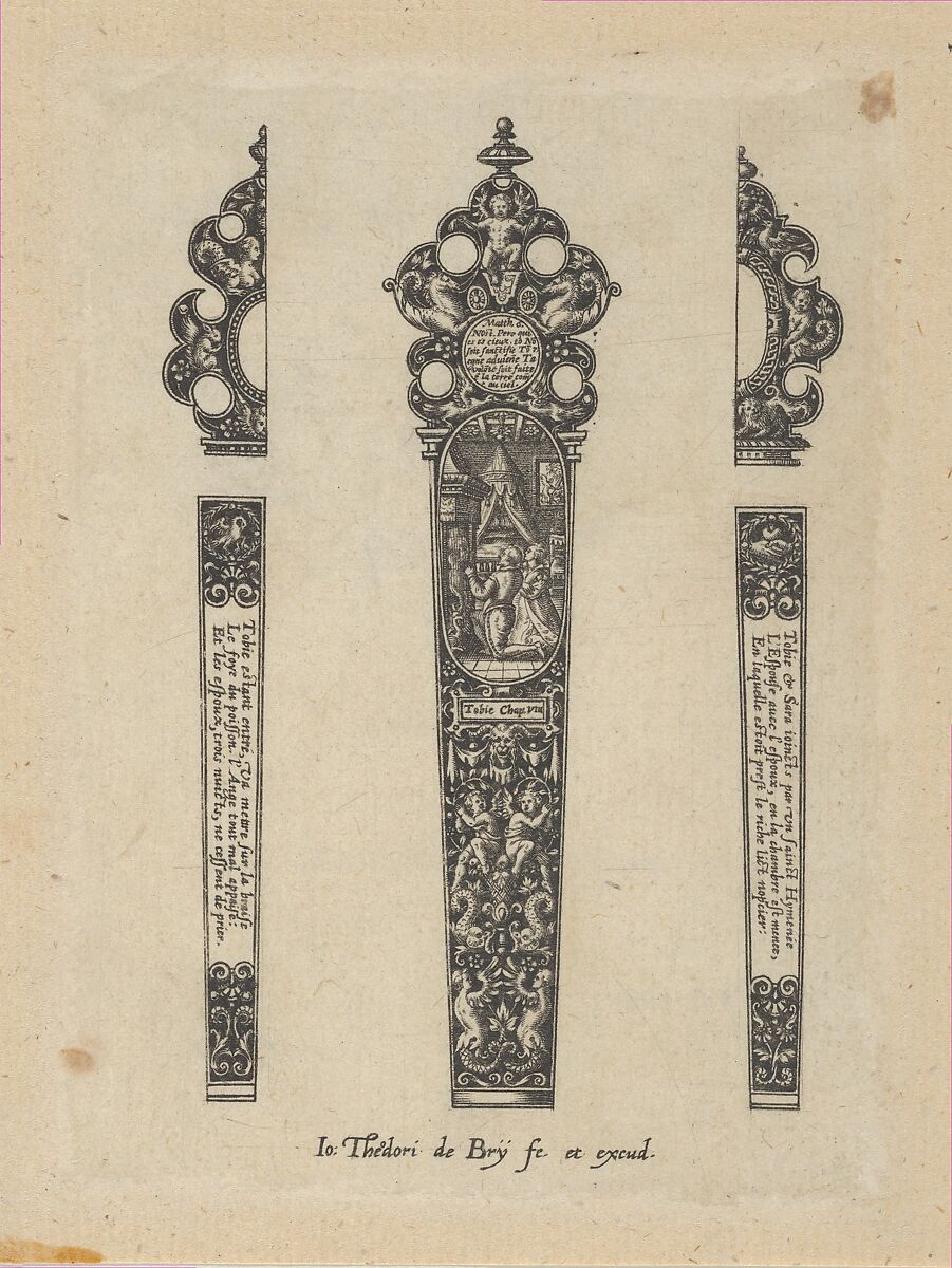 Design for a Knife Handle with a Scene from the Book of Tobit, Johann Theodor de Bry (Netherlandish, Strasbourg 1561–1623 Bad Schwalbach), Engraving and blackwork 