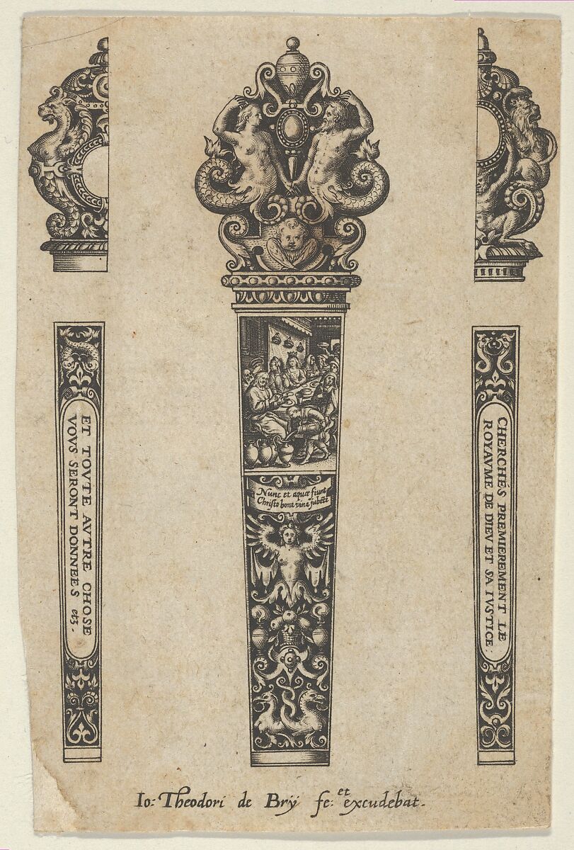 Design for a Knife Handle with the Marriage at Cana, Johann Theodor de Bry (Netherlandish, Strasbourg 1561–1623 Bad Schwalbach), Engraving and blackwork 