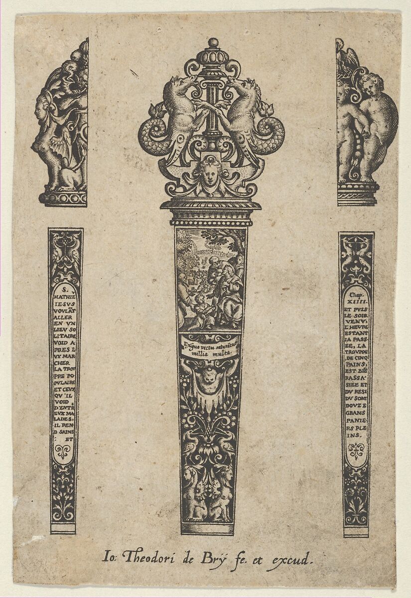 Design for a Knife Handle with the Sermon on the Mount, Johann Theodor de Bry (Netherlandish, Strasbourg 1561–1623 Bad Schwalbach), Engraving and blackwork 
