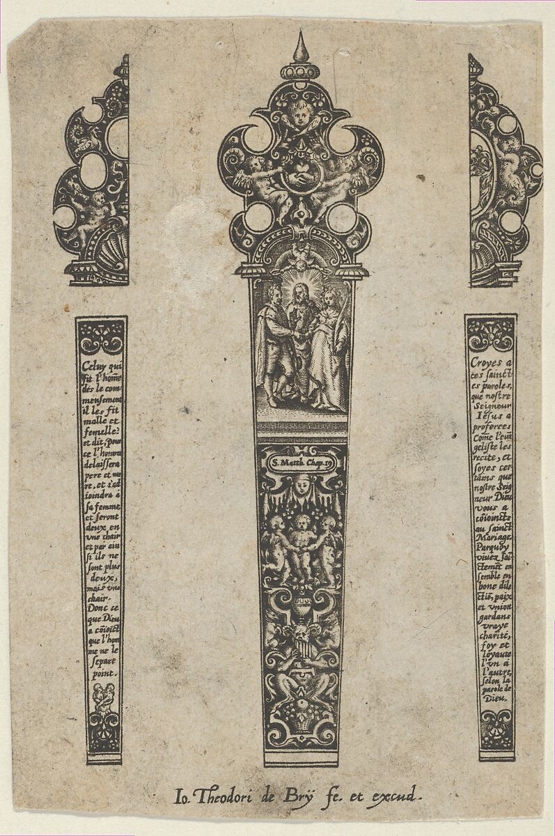 Design for a Knife Handle with a Scene of Christ Joining a Man and Woman, Johann Theodor de Bry (Netherlandish, Strasbourg 1561–1623 Bad Schwalbach), Engraving and blackwork 